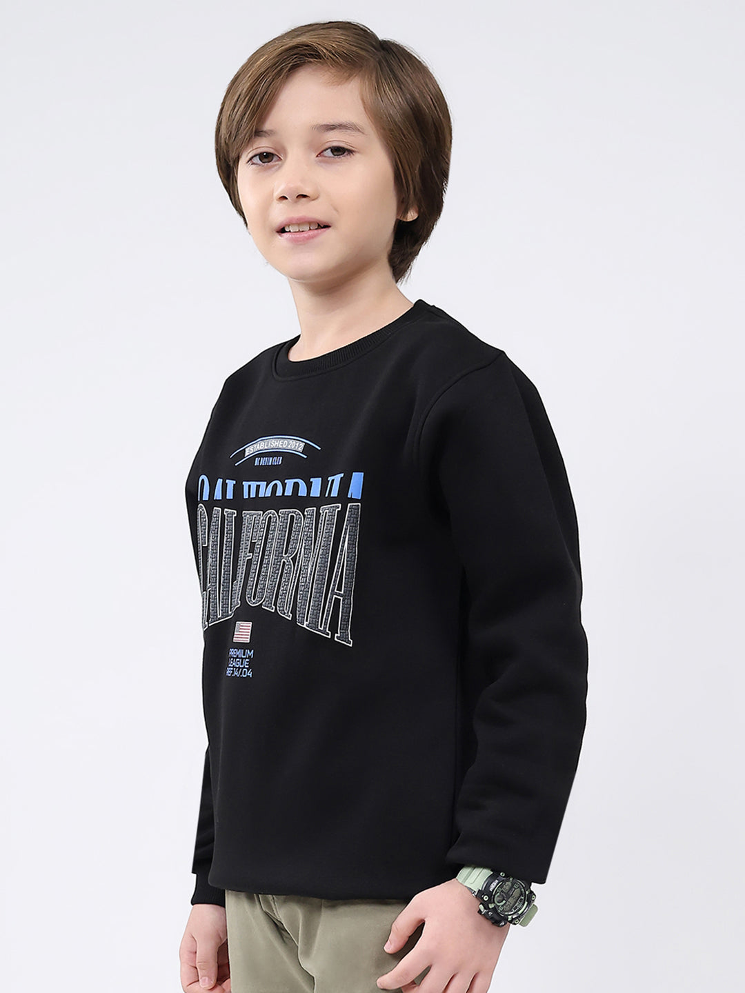 Boys Black Printed Round Neck Full Sleeve Sweatshirt