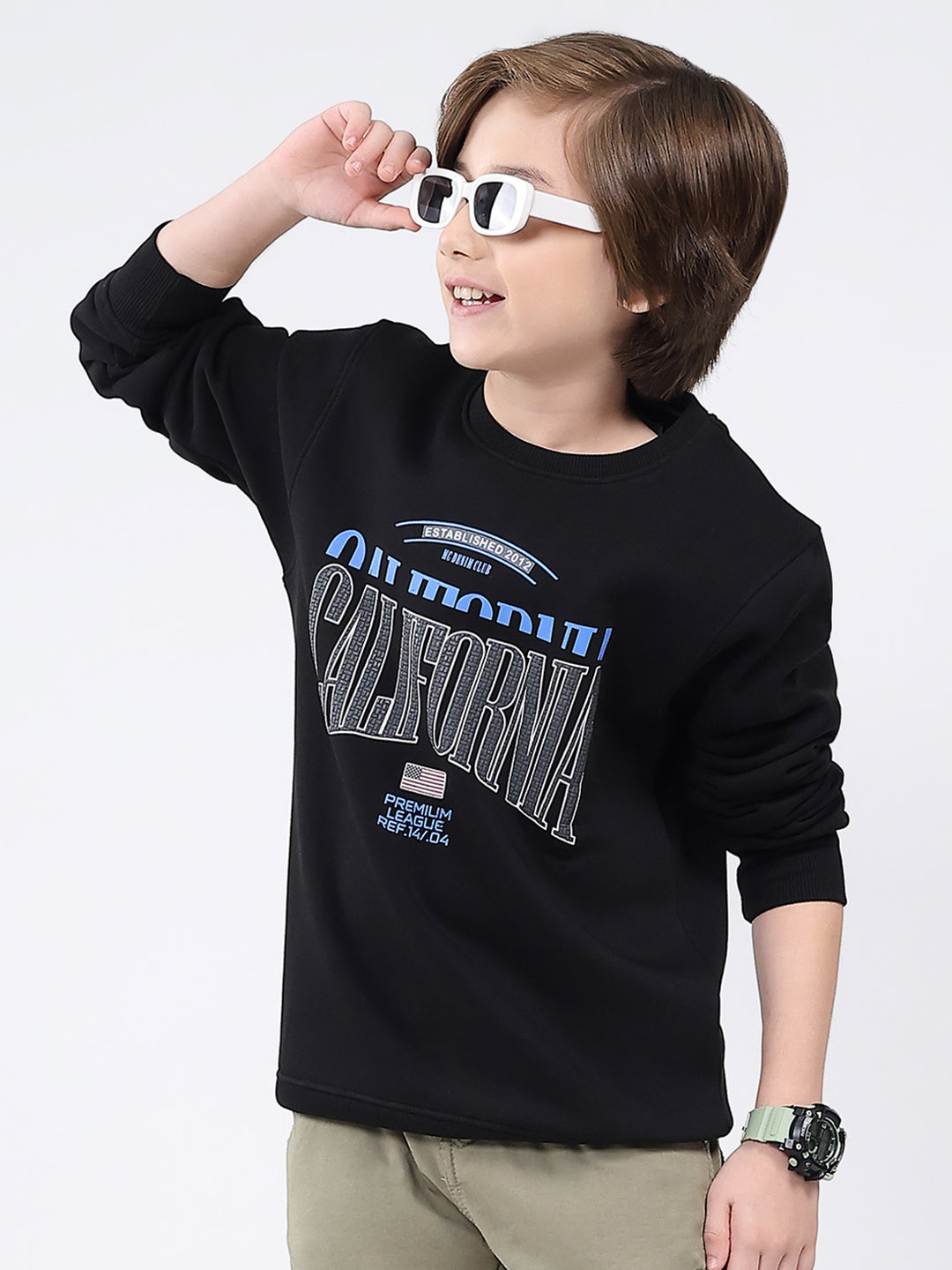 Boys Black Printed Round Neck Full Sleeve Sweatshirt