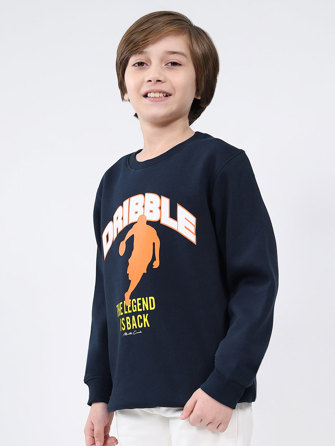 Boys Navy Blue Printed Round Neck Full Sleeve Sweatshirt