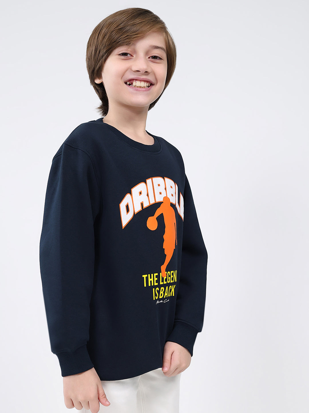 Boys Navy Blue Printed Round Neck Full Sleeve Sweatshirt