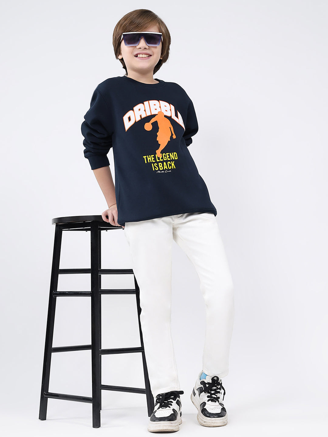 Boys Navy Blue Printed Round Neck Full Sleeve Sweatshirt