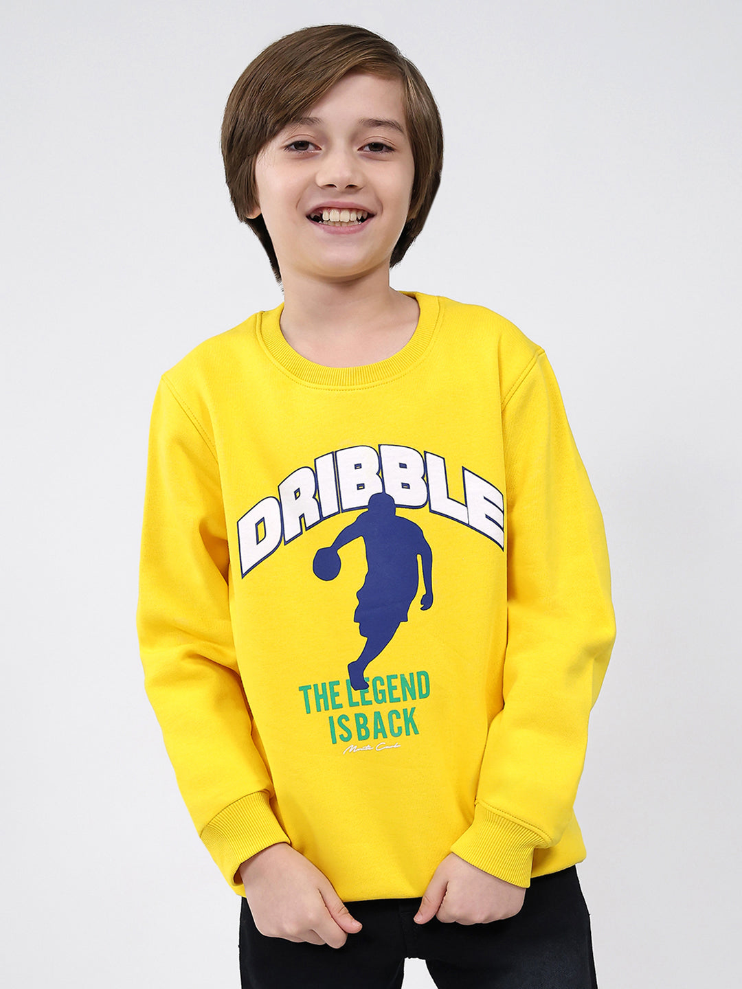 Boys Yellow Printed Round Neck Full Sleeve Sweatshirt