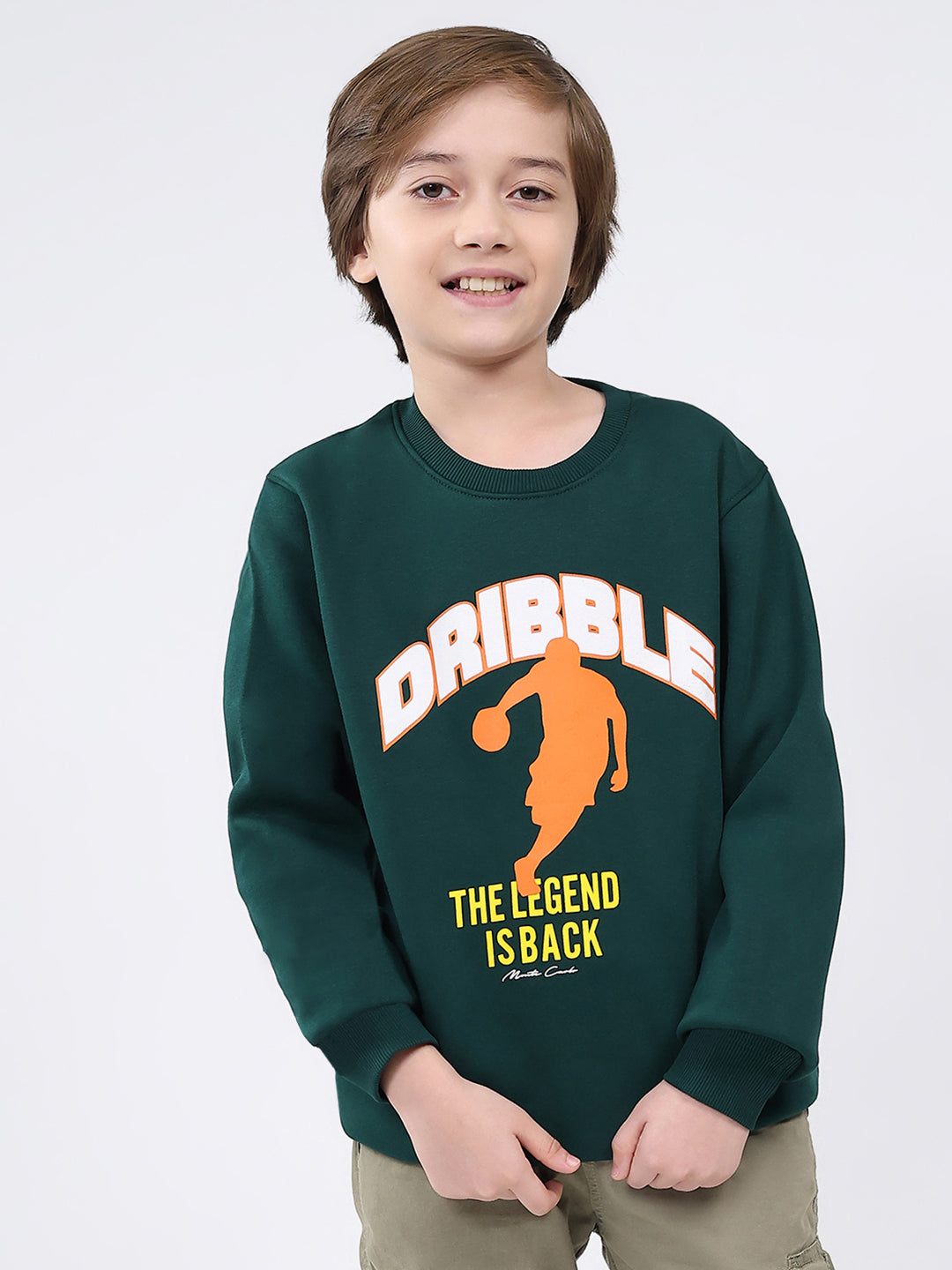 Boys Dark Green Printed Round Neck Full Sleeve Sweatshirt