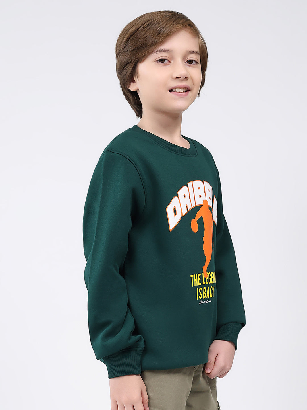 Boys Dark Green Printed Round Neck Full Sleeve Sweatshirt