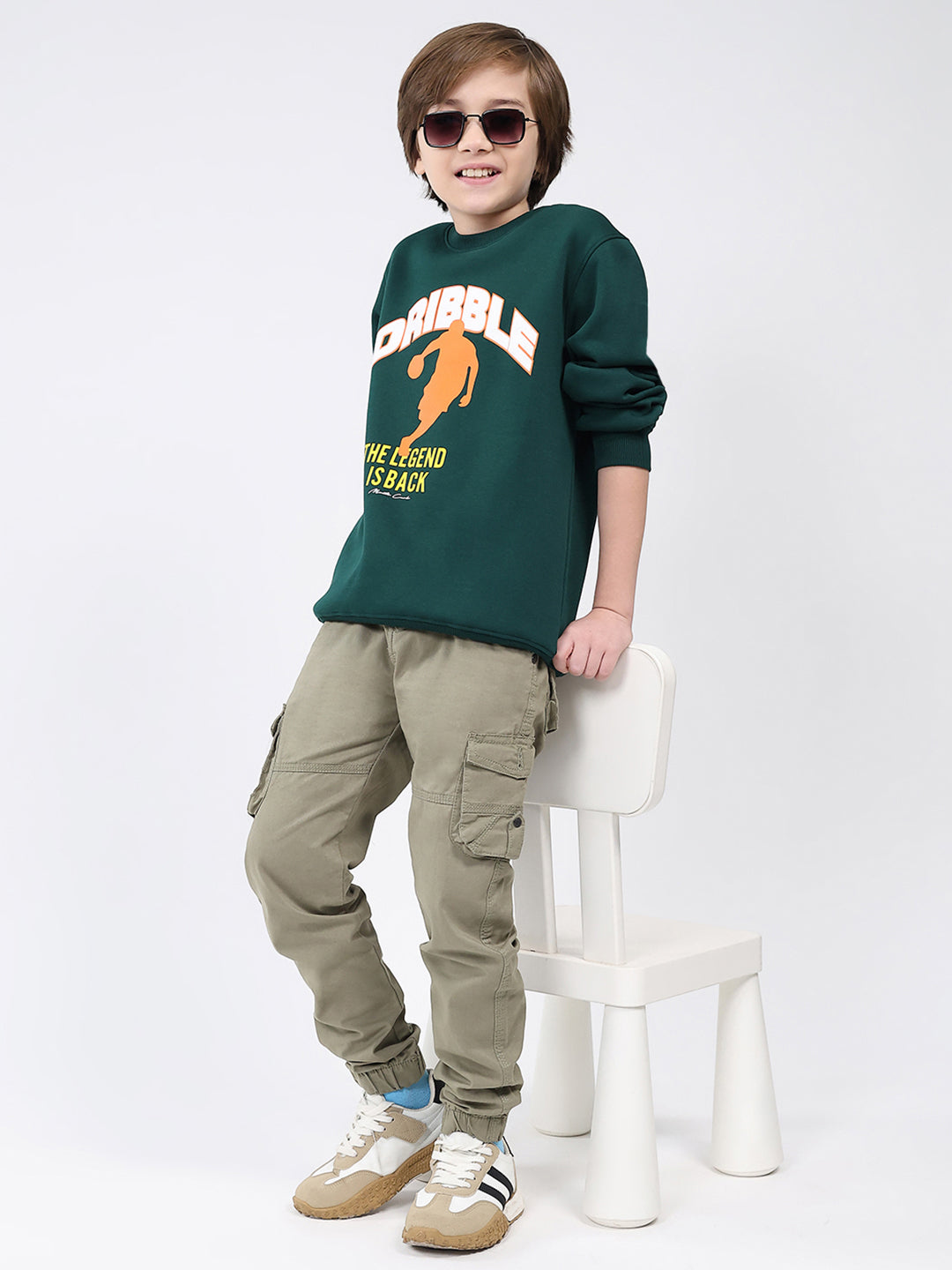 Boys Dark Green Printed Round Neck Full Sleeve Sweatshirt
