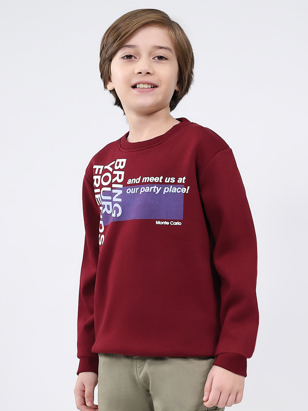Boys Maroon Printed Round Neck Full Sleeve Sweatshirt