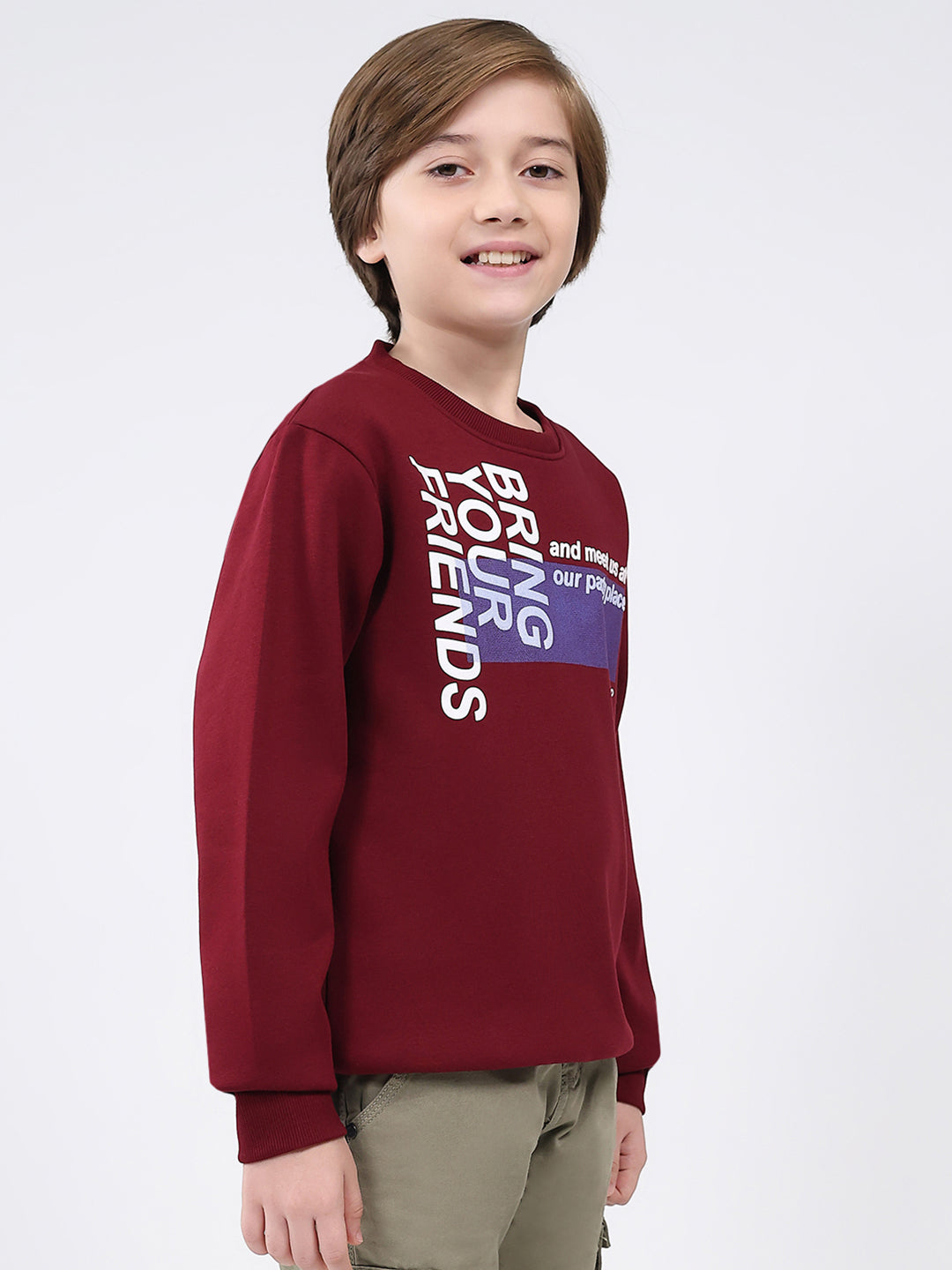 Boys Maroon Printed Round Neck Full Sleeve Sweatshirt