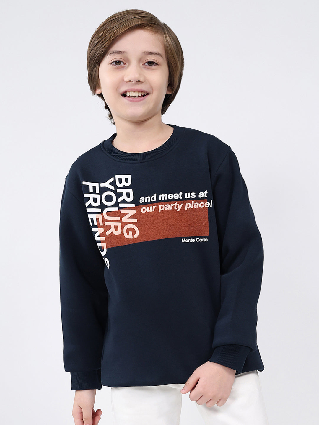 Boys Navy Blue Printed Round Neck Full Sleeve Sweatshirt
