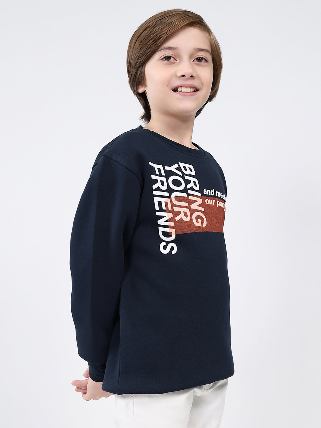 Boys Navy Blue Printed Round Neck Full Sleeve Sweatshirt