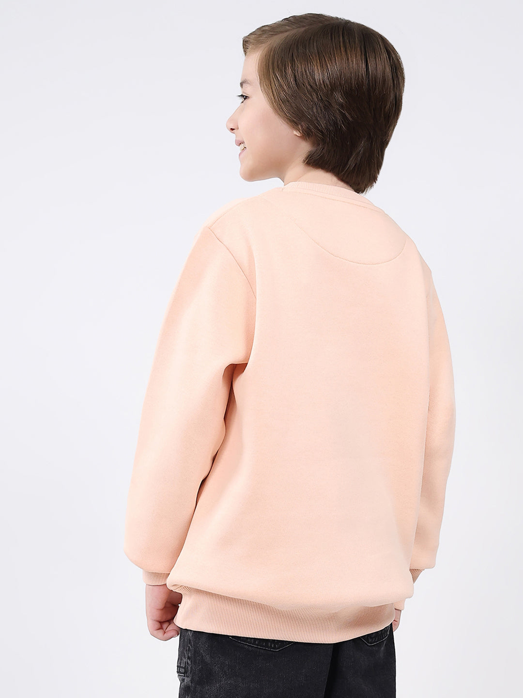 Boys Peach Printed Round Neck Full Sleeve Sweatshirt
