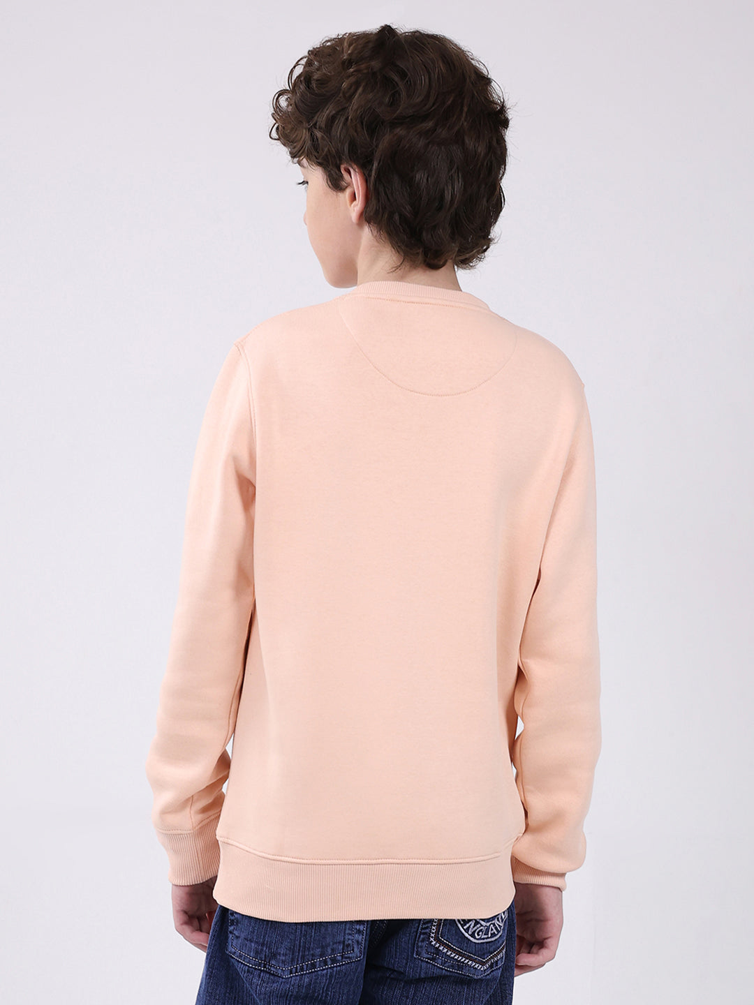 Boys Peach Printed Round Neck Full Sleeve Sweatshirt