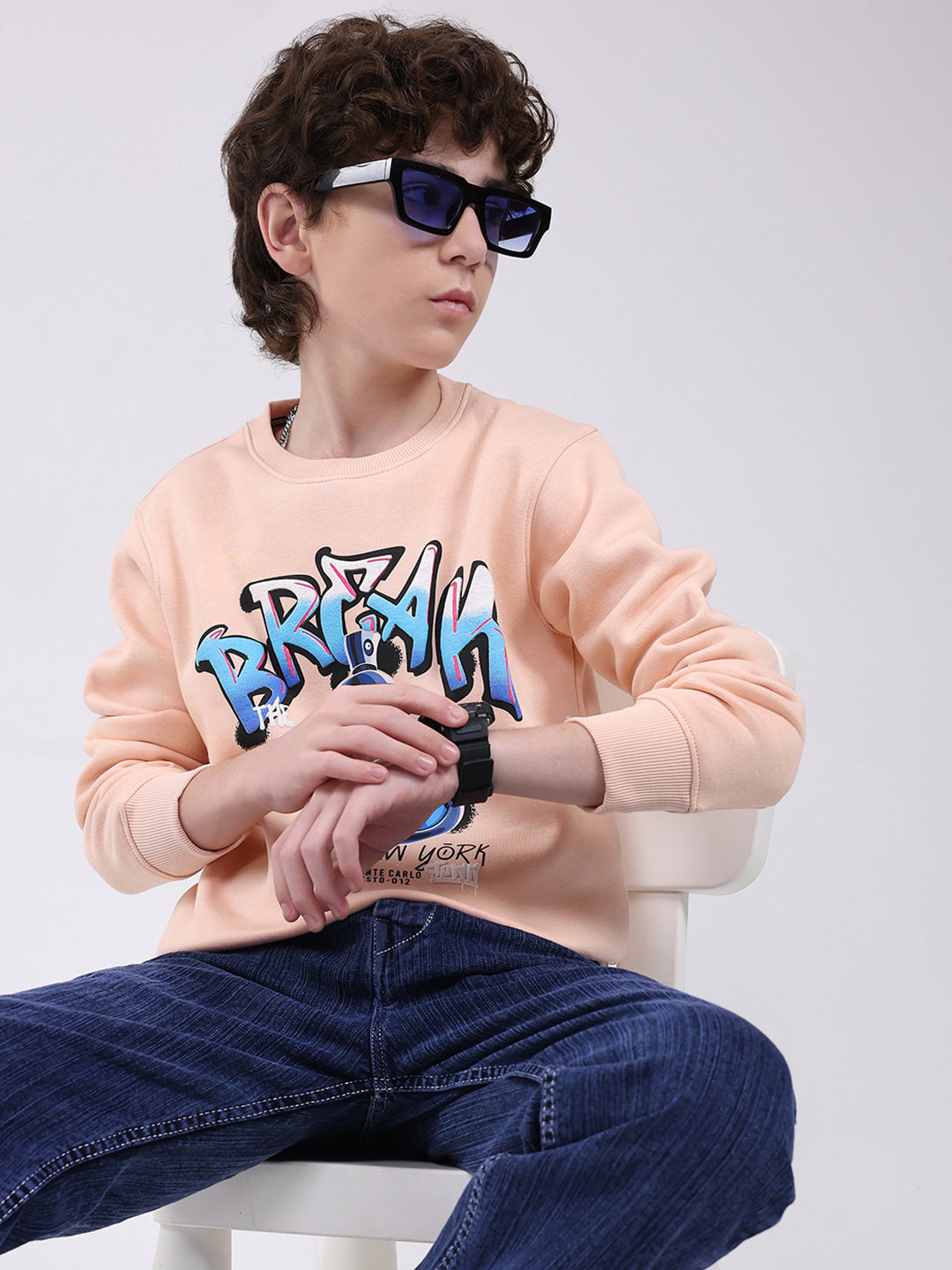 Boys Peach Printed Round Neck Full Sleeve Sweatshirt