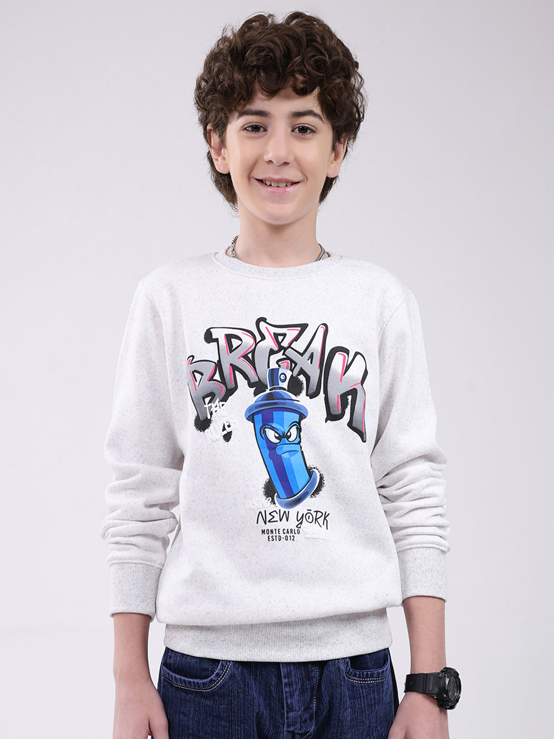 Boys Grey Printed Round Neck Full Sleeve Sweatshirt