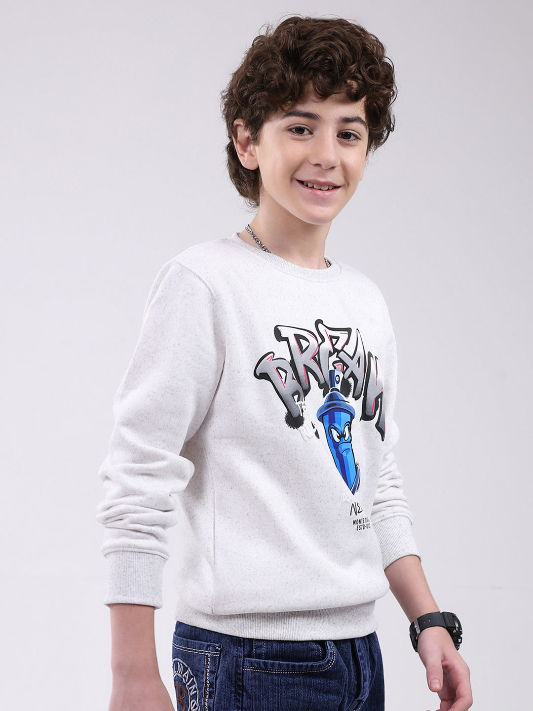 Boys Grey Printed Round Neck Full Sleeve Sweatshirt