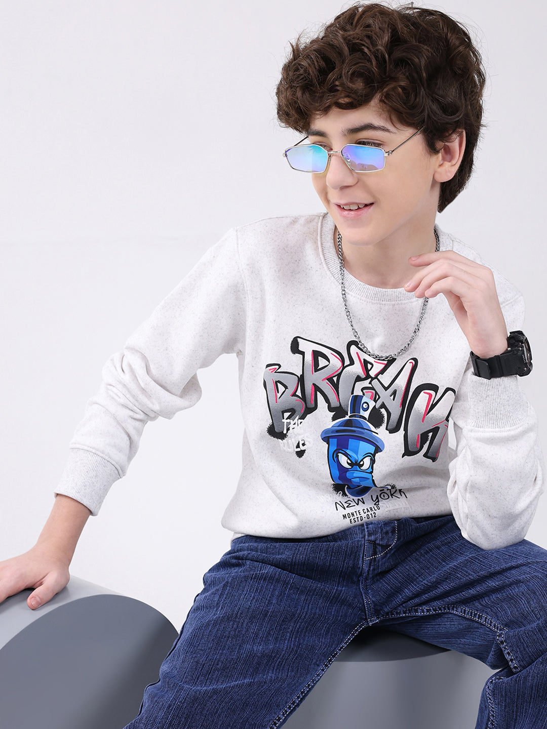 Boys Grey Printed Round Neck Full Sleeve Sweatshirt