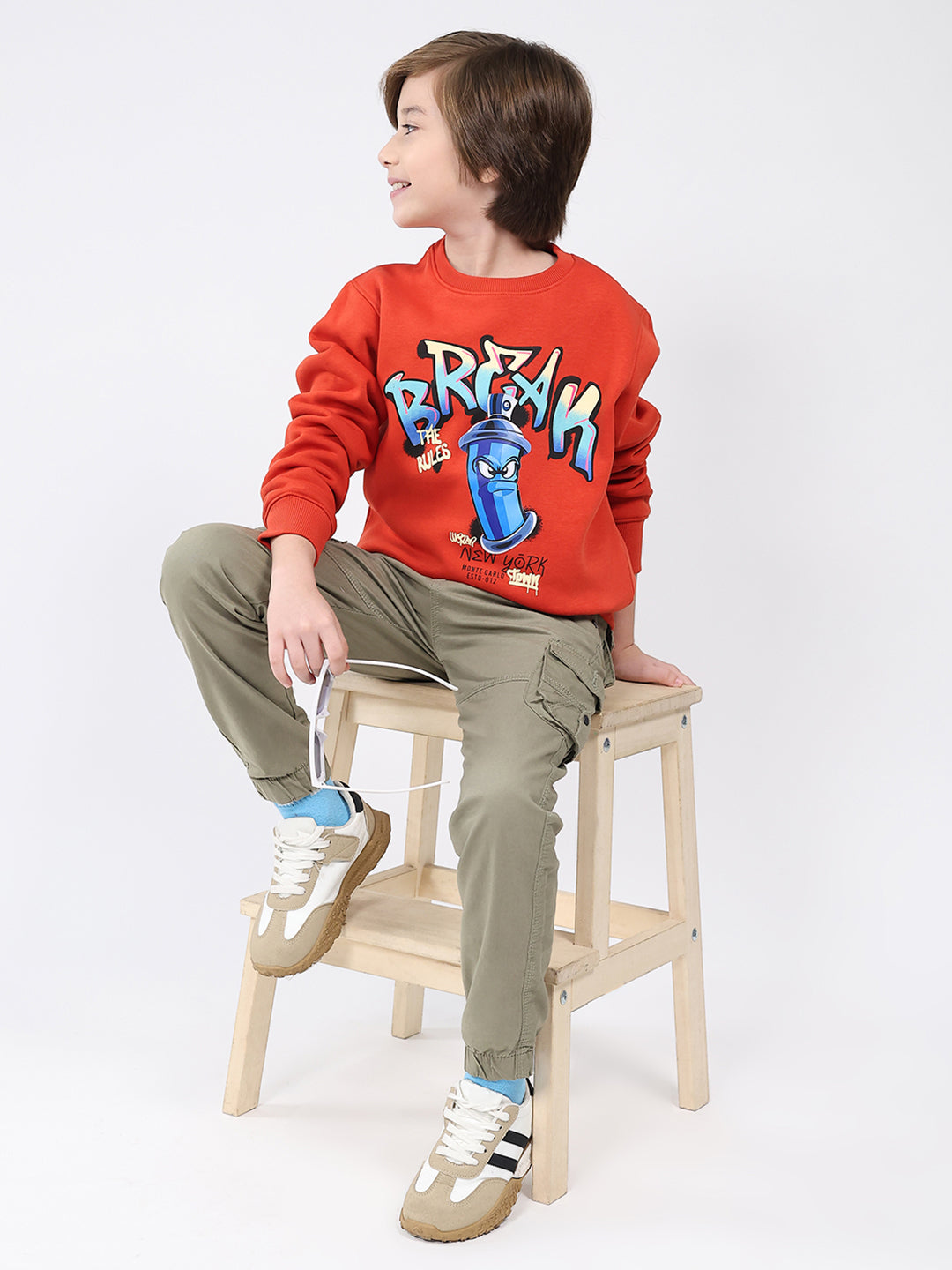 Boys Rust Printed Round Neck Full Sleeve Sweatshirt