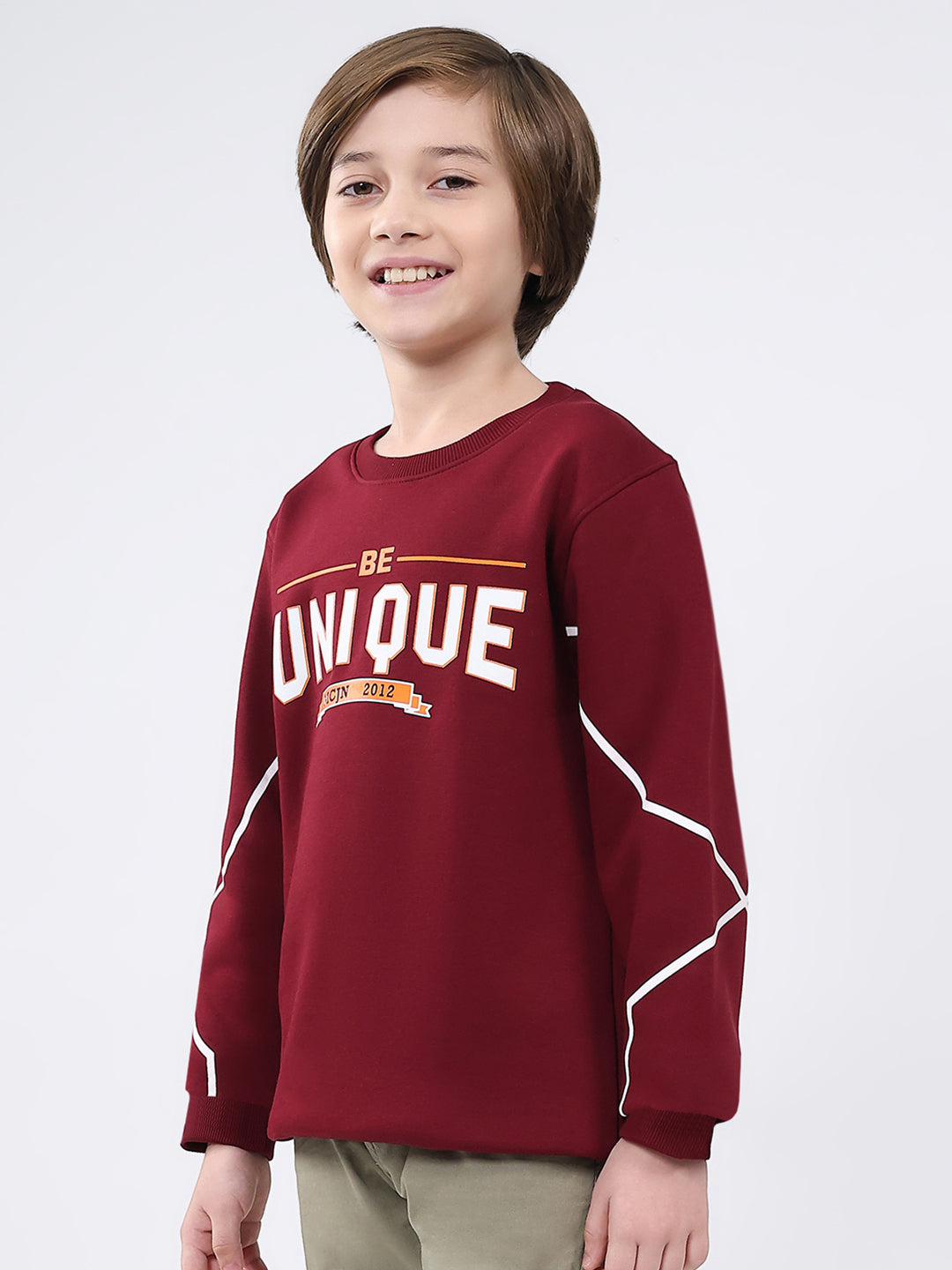 Boys Maroon Printed Round Neck Full Sleeve Sweatshirt