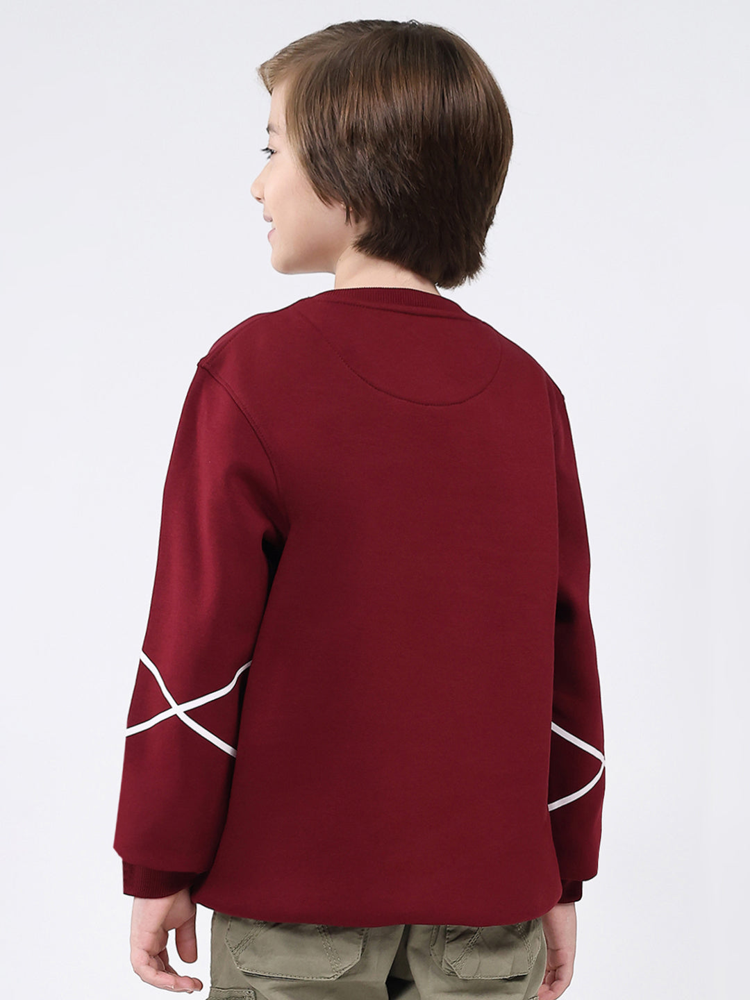 Boys Maroon Printed Round Neck Full Sleeve Sweatshirt