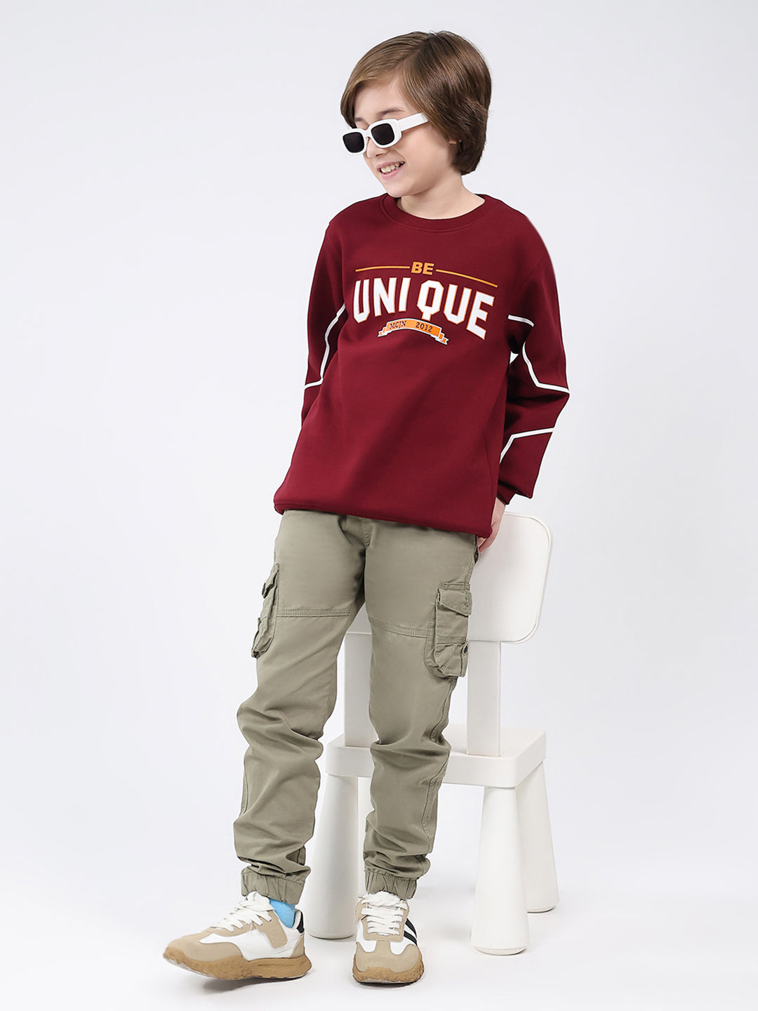 Boys Maroon Printed Round Neck Full Sleeve Sweatshirt