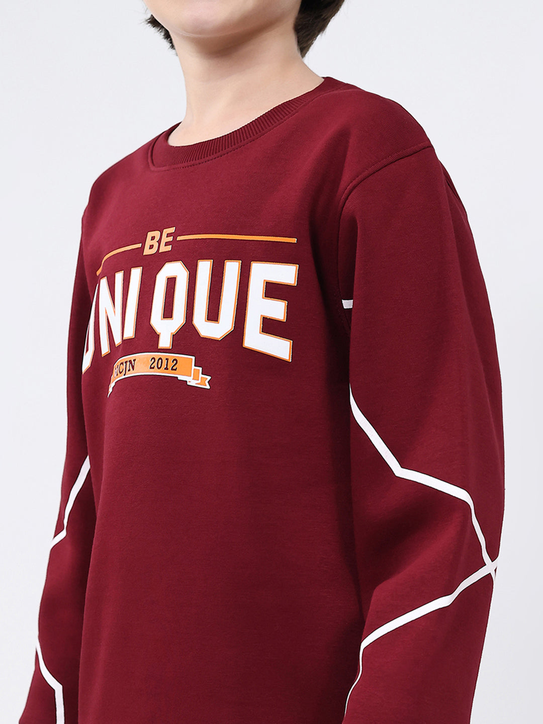 Boys Maroon Printed Round Neck Full Sleeve Sweatshirt