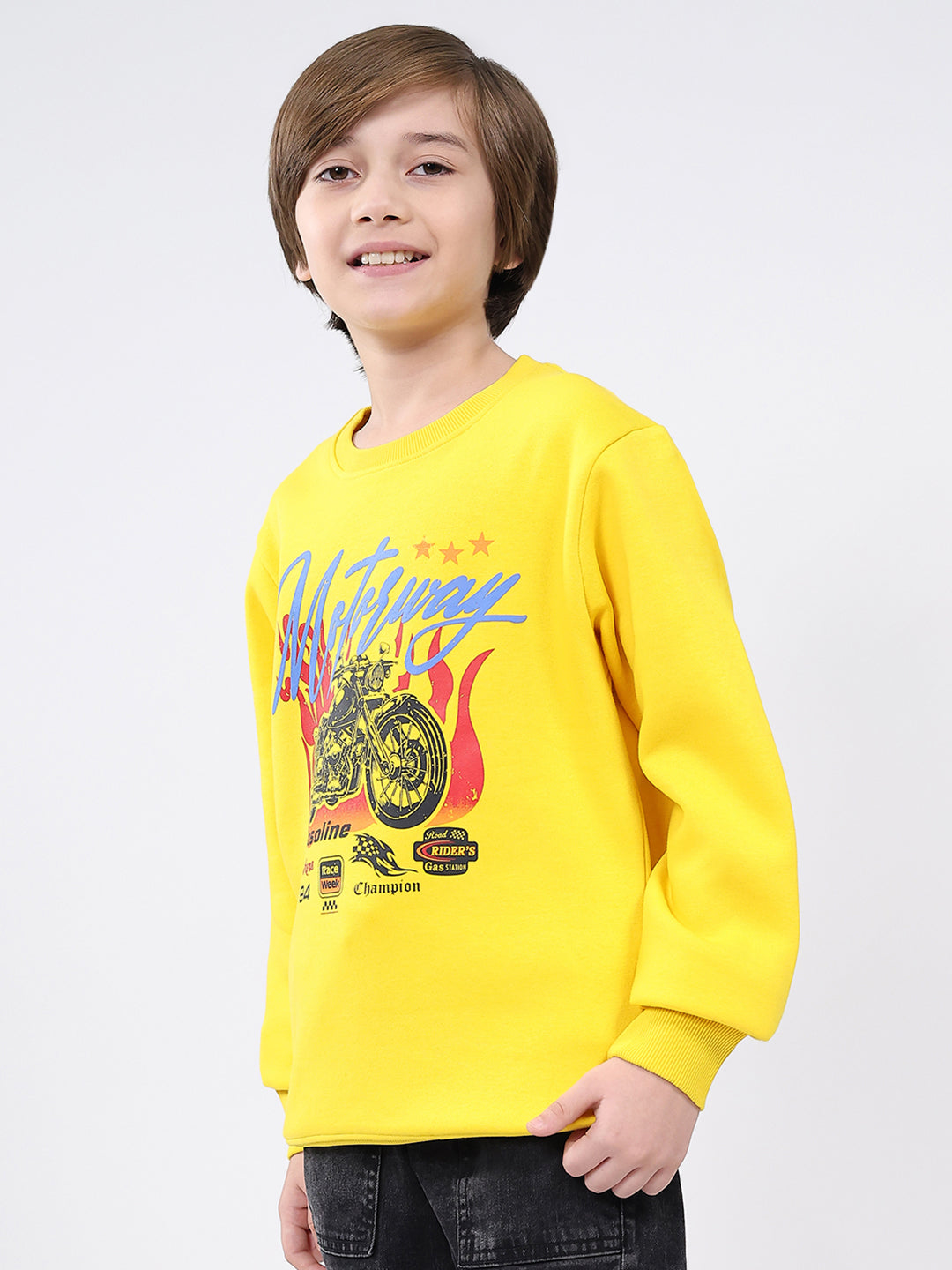 Boys Yellow Printed Round Neck Full Sleeve Sweatshirt