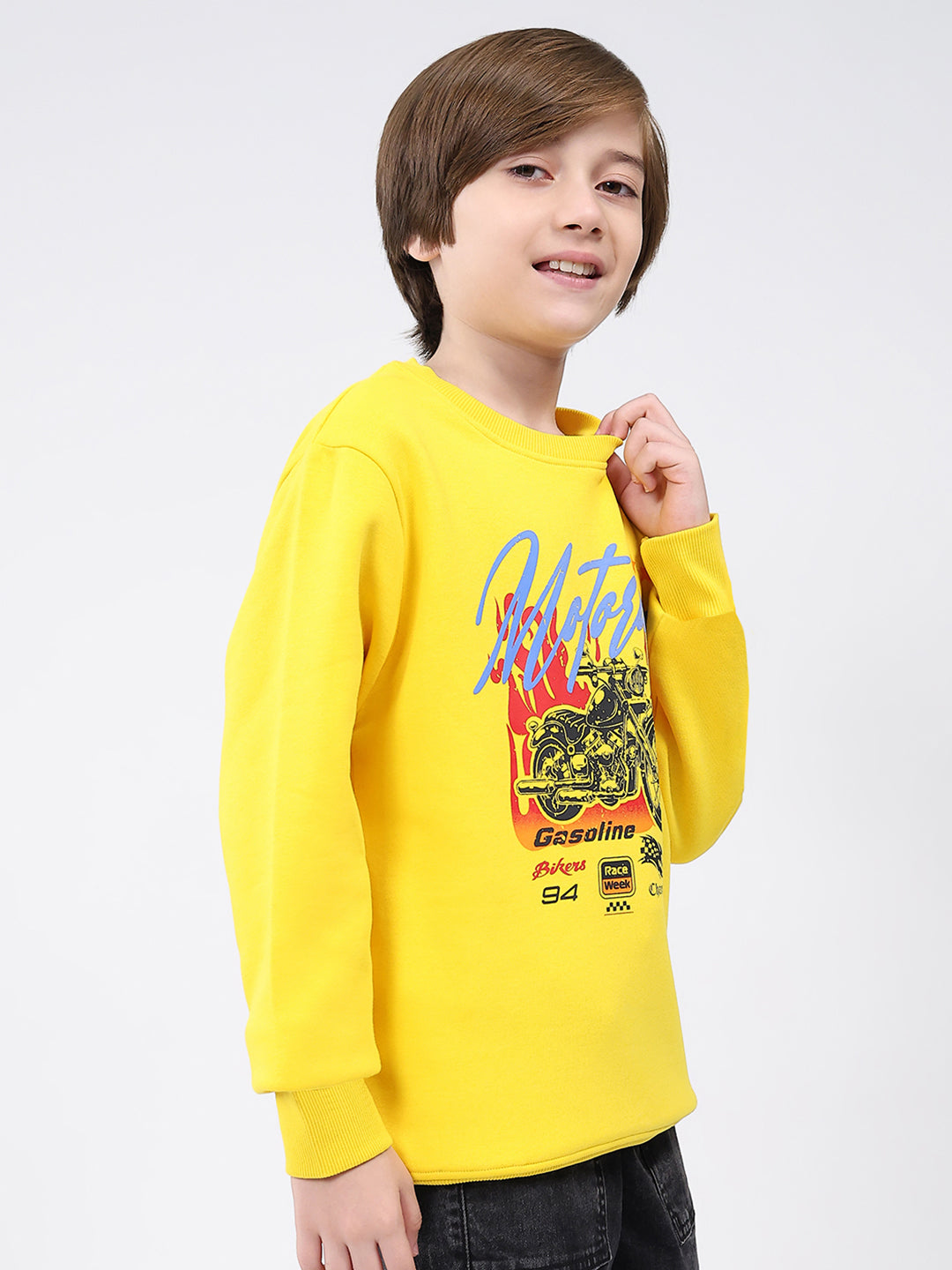 Boys Yellow Printed Round Neck Full Sleeve Sweatshirt