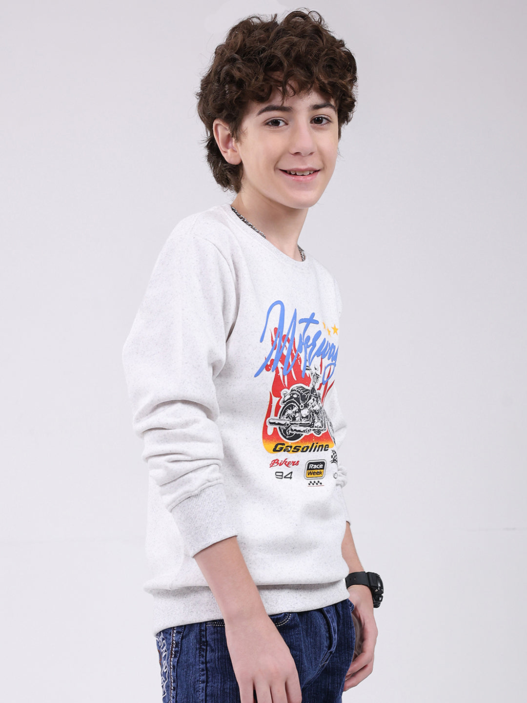 Boys Grey Printed Round Neck Full Sleeve Sweatshirt