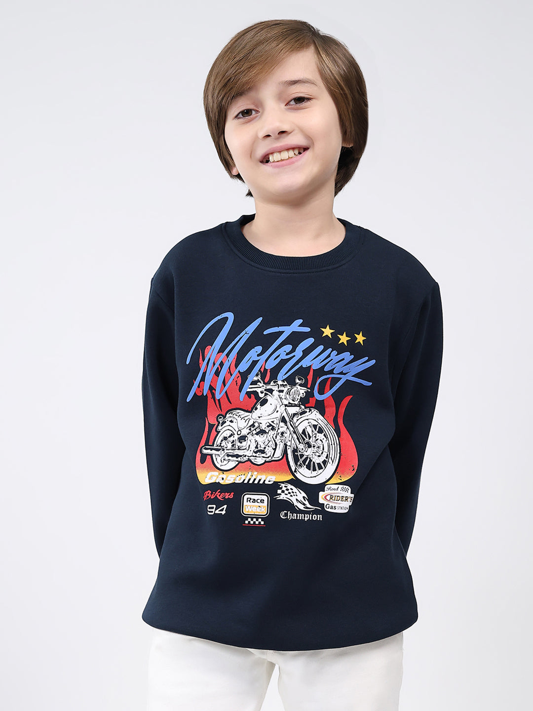 Boys Navy Blue Printed Round Neck Full Sleeve Sweatshirt