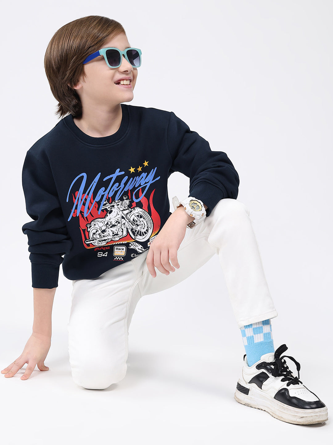Boys Navy Blue Printed Round Neck Full Sleeve Sweatshirt