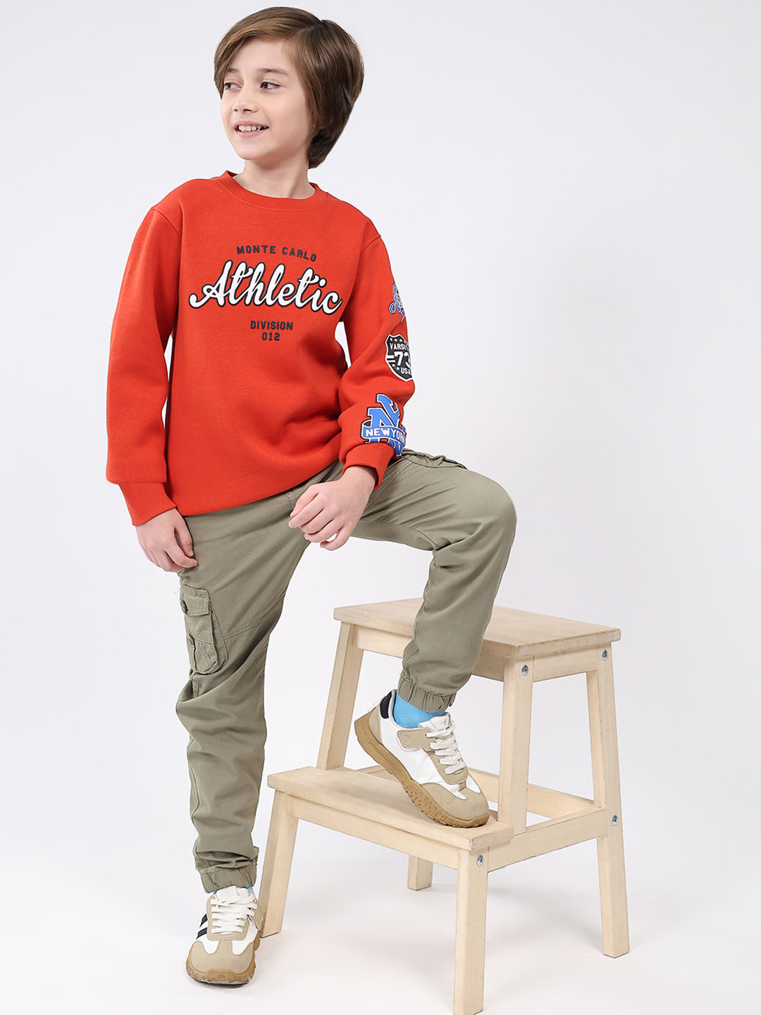 Boys Rust Printed Round Neck Full Sleeve Sweatshirt