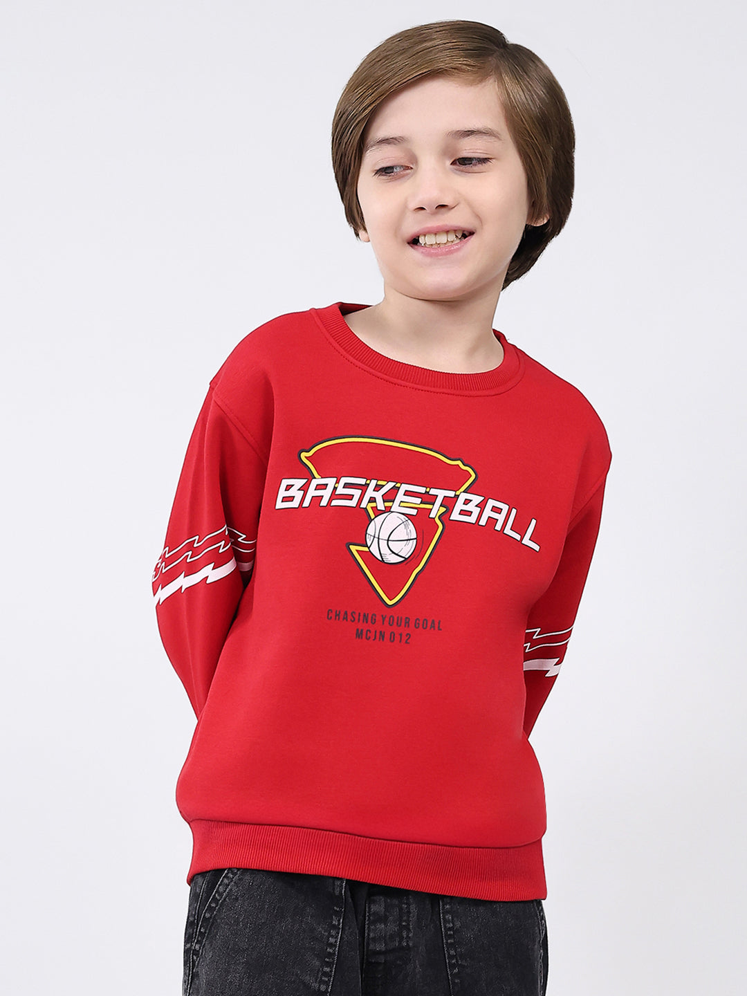 Boys Red Printed Round Neck Full Sleeve Sweatshirt