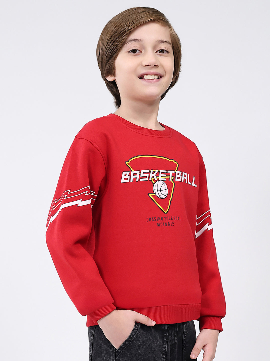 Boys Red Printed Round Neck Full Sleeve Sweatshirt