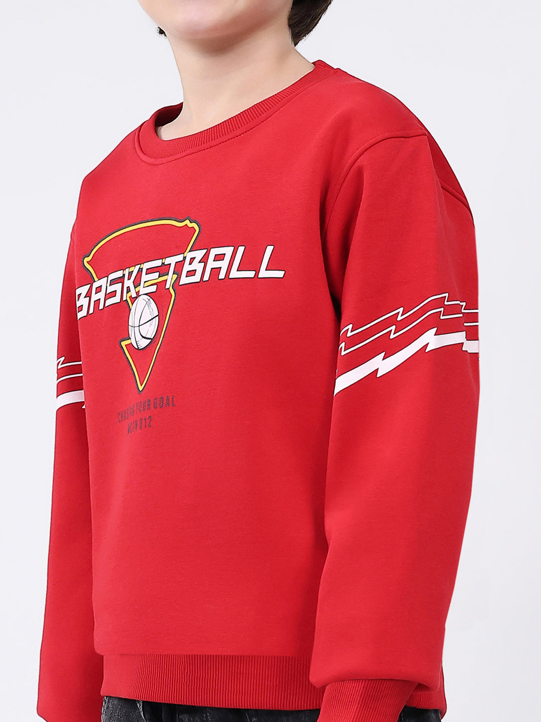Boys Red Printed Round Neck Full Sleeve Sweatshirt