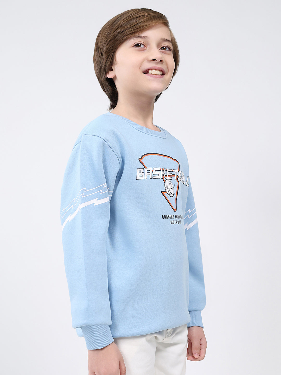 Boys Sky Blue Printed Round Neck Full Sleeve Sweatshirt
