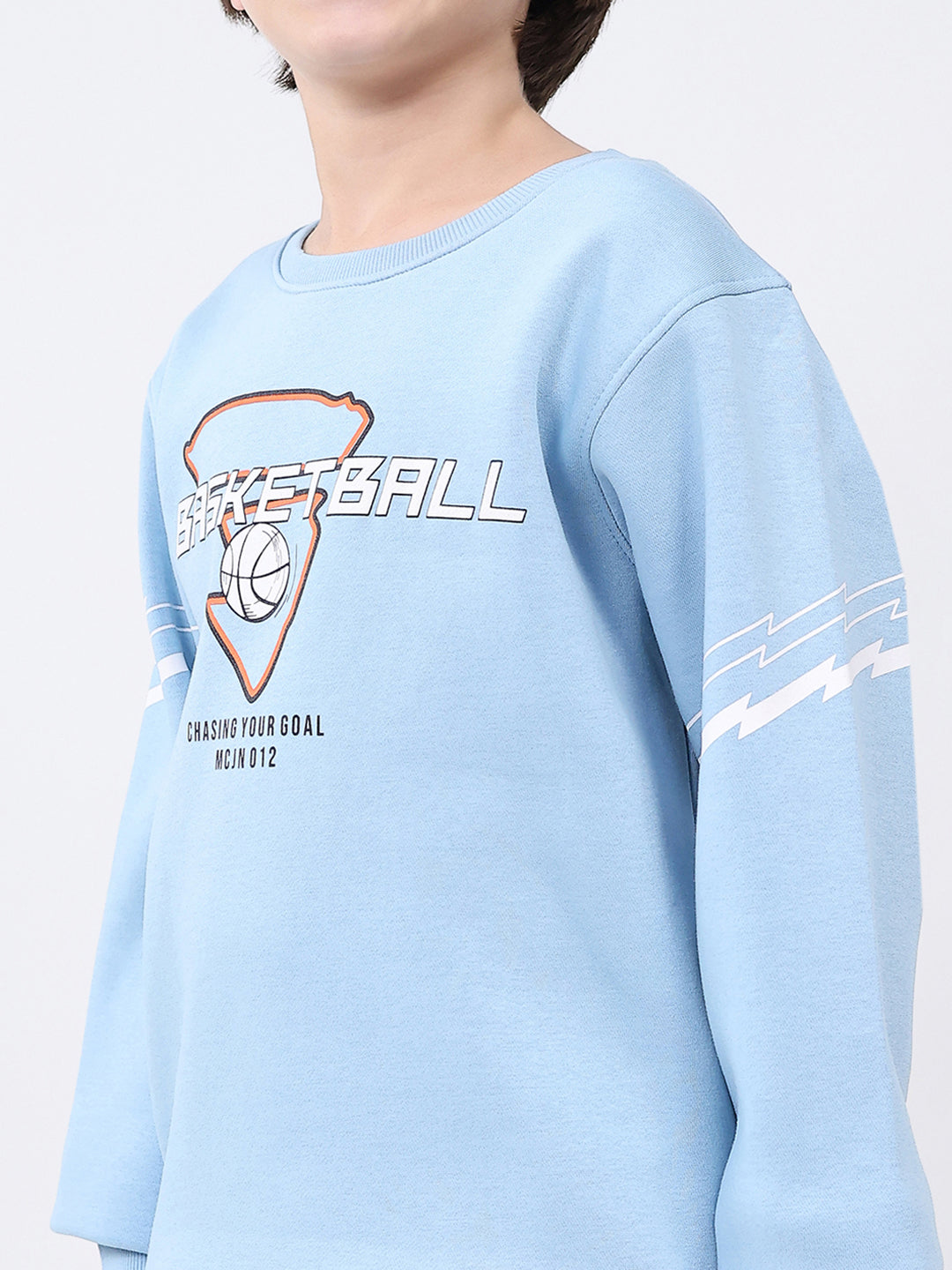 Boys Sky Blue Printed Round Neck Full Sleeve Sweatshirt