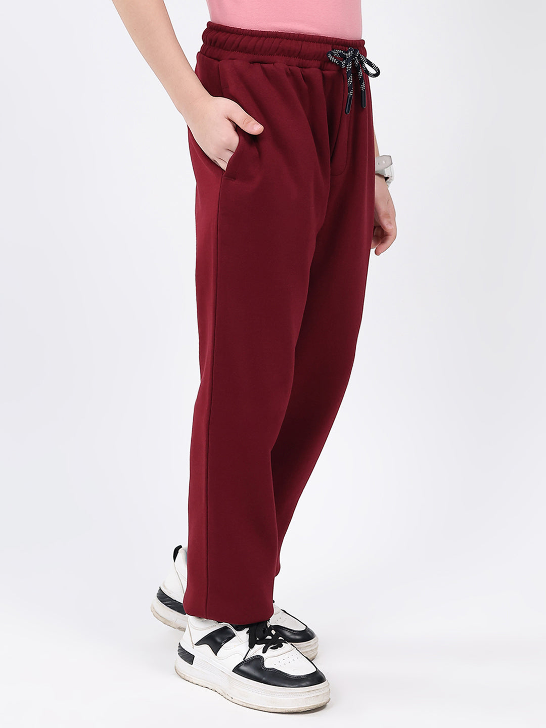 Boys Maroon Solid Regular Fit Lower
