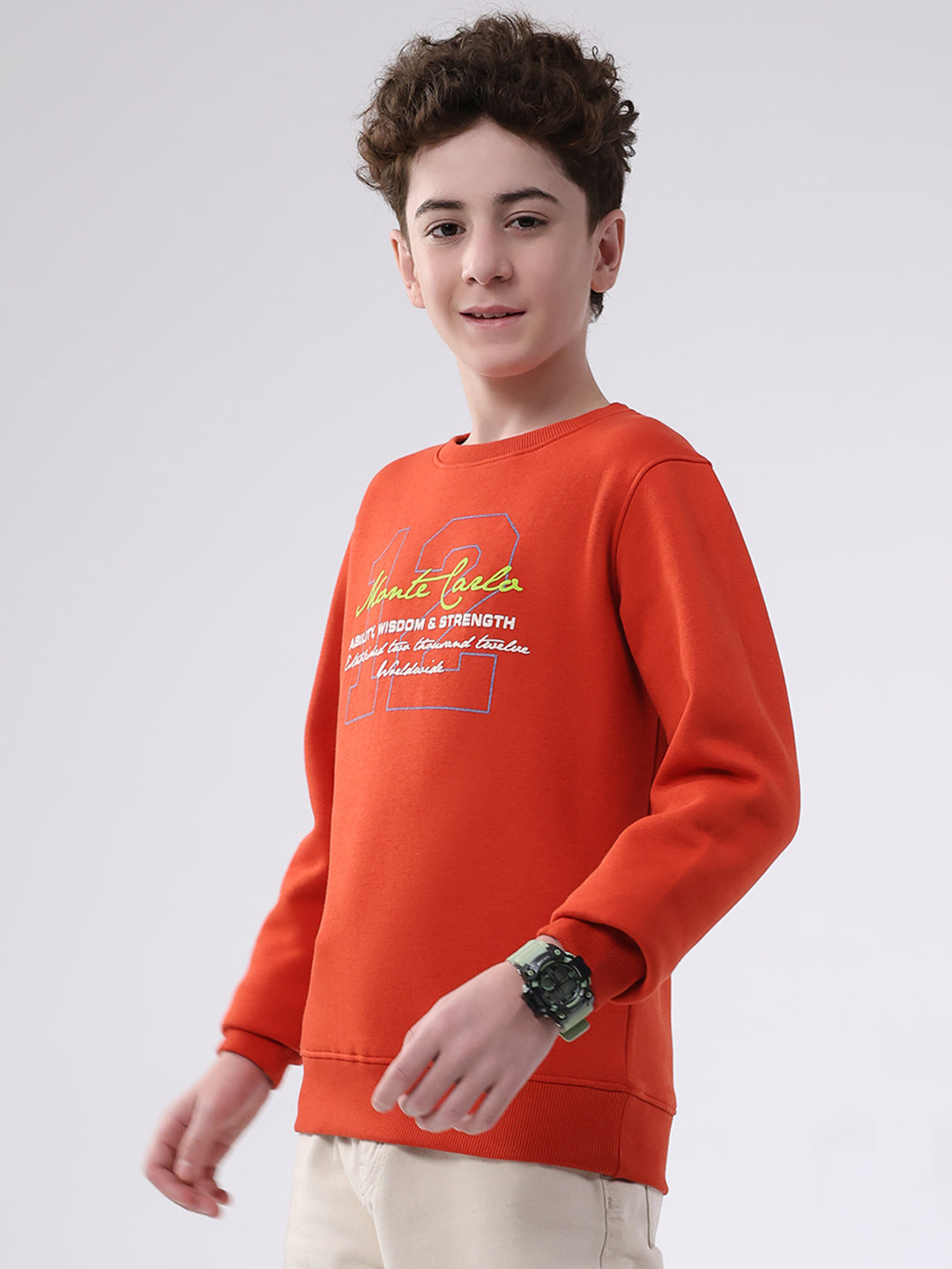 Boys Orange Printed Round Neck Full Sleeve Sweatshirt