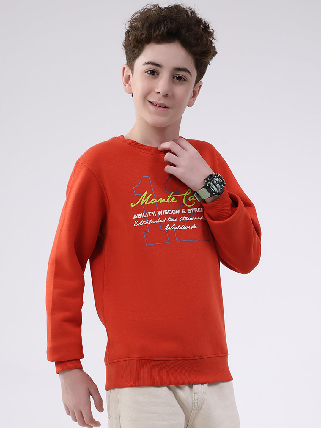 Boys Orange Printed Round Neck Full Sleeve Sweatshirt