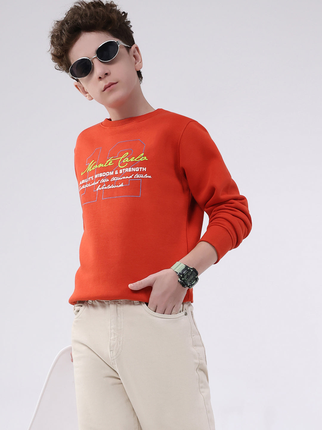 Boys Orange Printed Round Neck Full Sleeve Sweatshirt