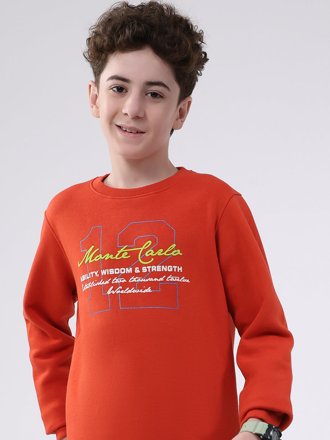 Boys Orange Printed Round Neck Full Sleeve Sweatshirt