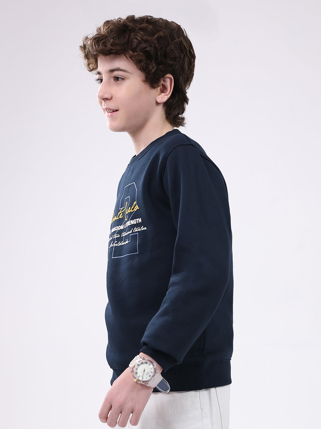 Boys Navy Blue Printed Round Neck Full Sleeve Sweatshirt