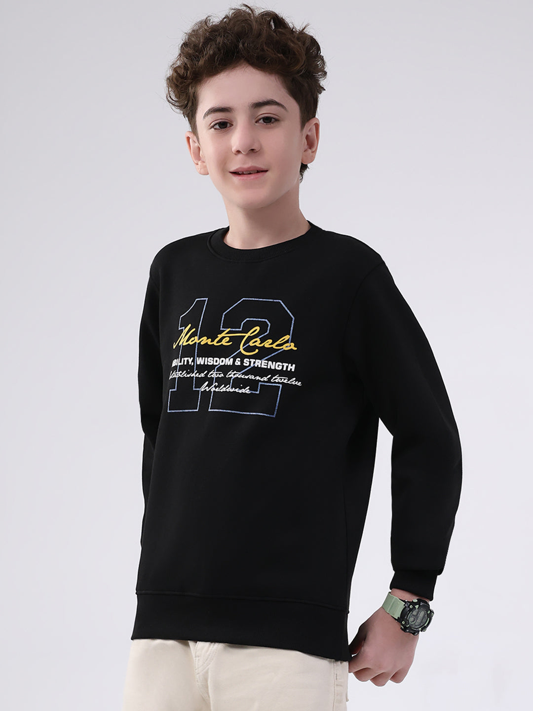 Boys Black Printed Round Neck Full Sleeve Sweatshirt