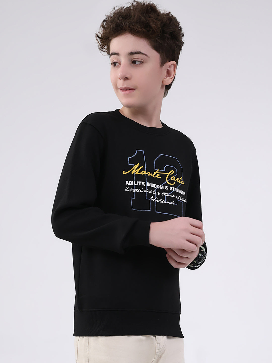 Boys Black Printed Round Neck Full Sleeve Sweatshirt