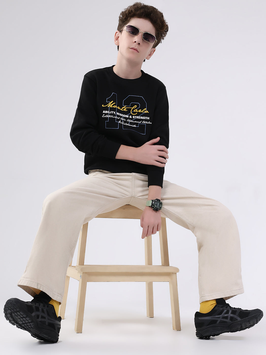 Boys Black Printed Round Neck Full Sleeve Sweatshirt