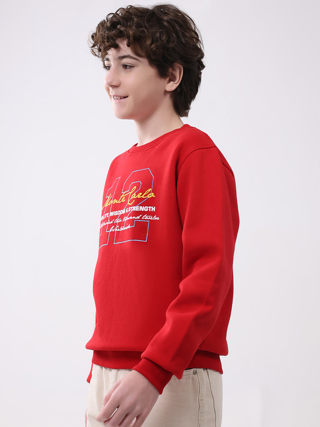 Boys Red Printed Round Neck Full Sleeve Sweatshirt