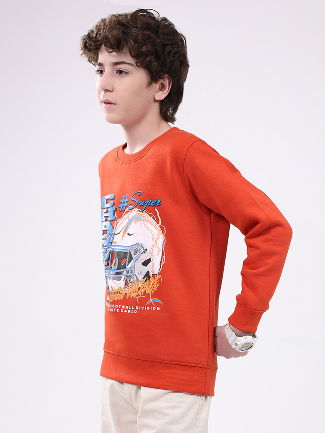Boys Orange Printed Round Neck Full Sleeve Sweatshirt