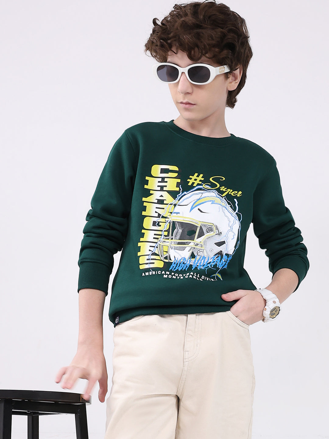 Boys Green Printed Round Neck Full Sleeve Sweatshirt