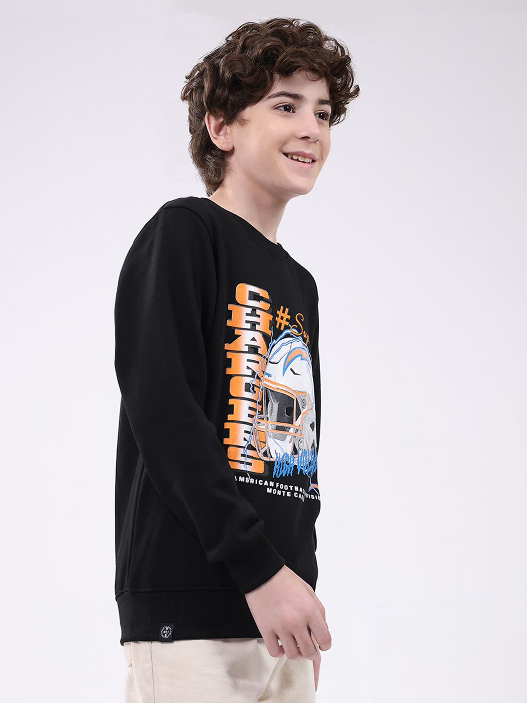 Boys Black Printed Round Neck Full Sleeve Sweatshirt