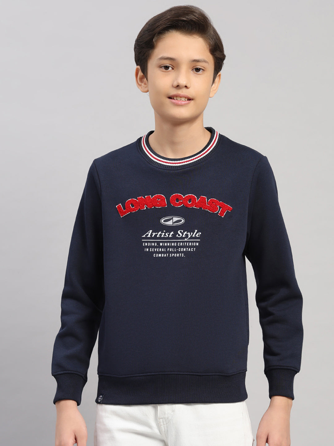 Boys Navy Blue Printed Round Neck Full Sleeve Sweatshirt