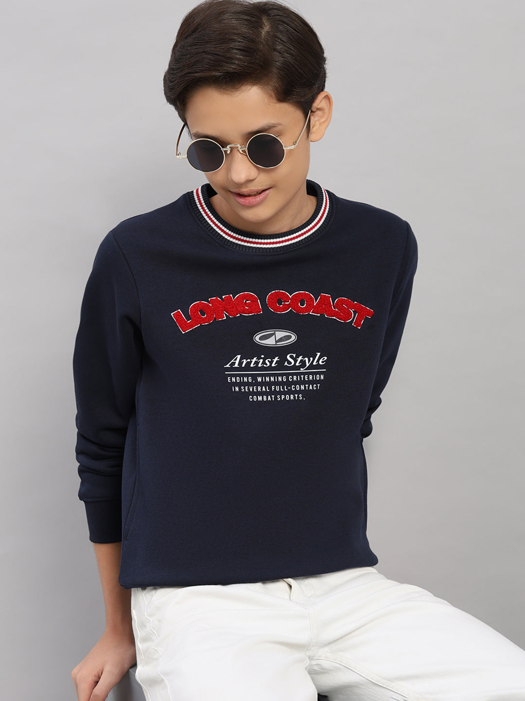 Boys Navy Blue Printed Round Neck Full Sleeve Sweatshirt